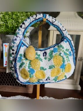 NWT India Handcrafted Yellow & Blue Beaded Lemon Bag Purse